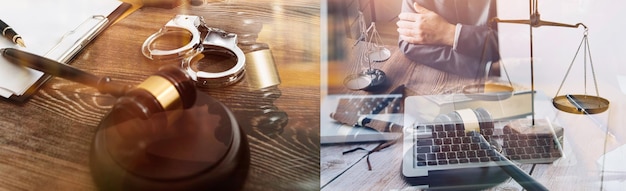 Negócios e advogados discutindo papéis de contrato com escala de latão na mesa no escritório Serviços jurídicos de Direito aconselhamento justiça e direito conceito de imagem com efeito de grão de filme