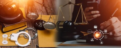 Negócios e advogados discutindo papéis de contrato com escala de latão na mesa no escritório Serviços jurídicos de Direito aconselhamento justiça e direito conceito de imagem com efeito de grão de filme