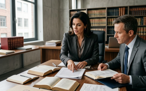 Negócios e advogados discutindo papéis de contrato com escala de latão na mesa no escritório Serviços jurídicos de Direito aconselhamento justiça e direito conceito de imagem com efeito de grão de filme