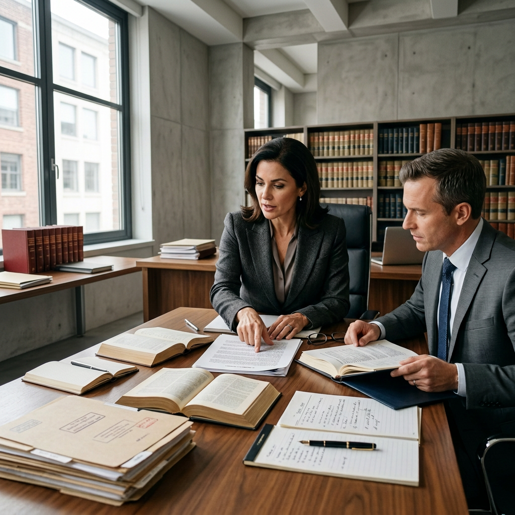 Negócios e advogados discutindo papéis de contrato com escala de latão na mesa no escritório Serviços jurídicos de Direito aconselhamento justiça e direito conceito de imagem com efeito de grão de filme