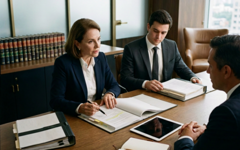 Martelo de juiz com advogados de Justiça tendo reunião de equipe no escritório de advocacia em segundo plano Conceitos de direito