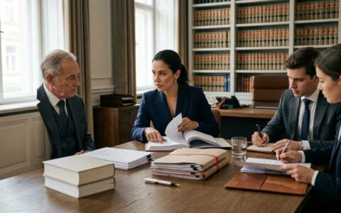 Advogado e empresária olhando documentos no escritório