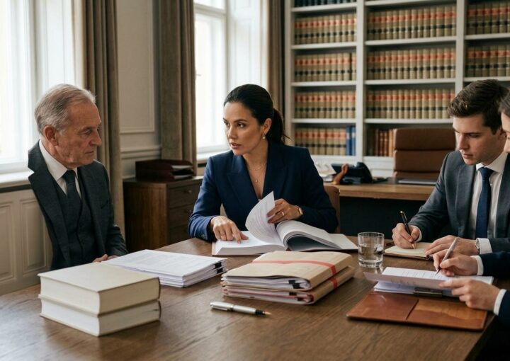 Advogado e empresária olhando documentos no escritório
