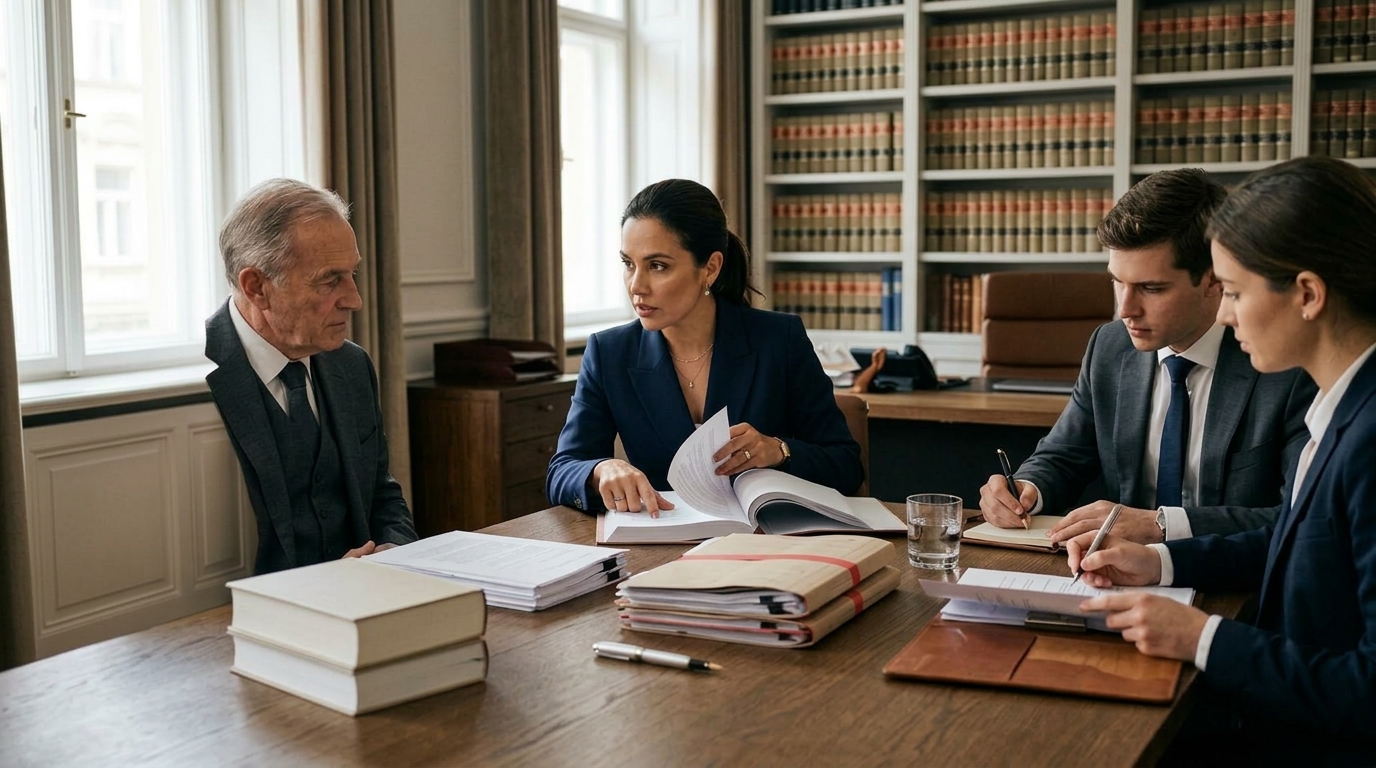 Advogado e empresária olhando documentos no escritório